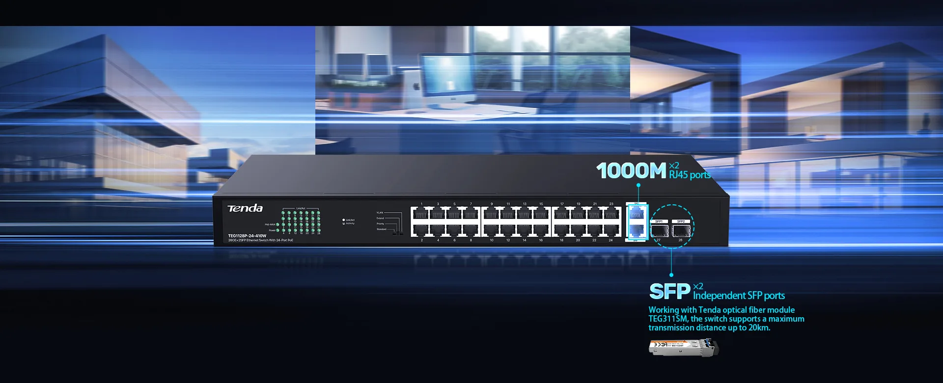 Tenda 24 Port Gigabit PoE Switch TEG1128P-24-250W 26GE+2SFP