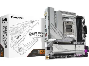 GIGABYTE B650M Aorus Elite AX Ice Micro ATX AM5 Motherboard, AMD B650 Chipset, 4x DDR5 DIMM Slots, Up to 256GB Max Memory, 1x PCIe 4.0 x16 Slot, 2x M.2 Slots, White