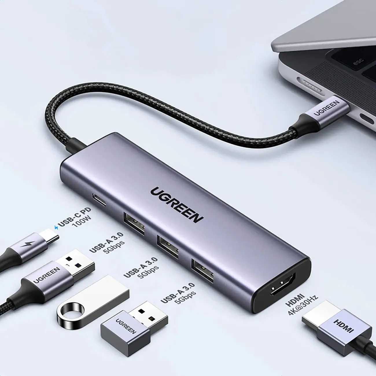 UGREEN USB-C TO 3*USB 3.0 A Female, 1*HDMI 4K + 1*USB-C PD Multifunction Adapter CM511 (15597) - الصورة 6